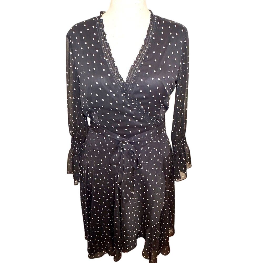 Tahari ASL dress black & white polka dot chiffon wrap style office party Sz 10